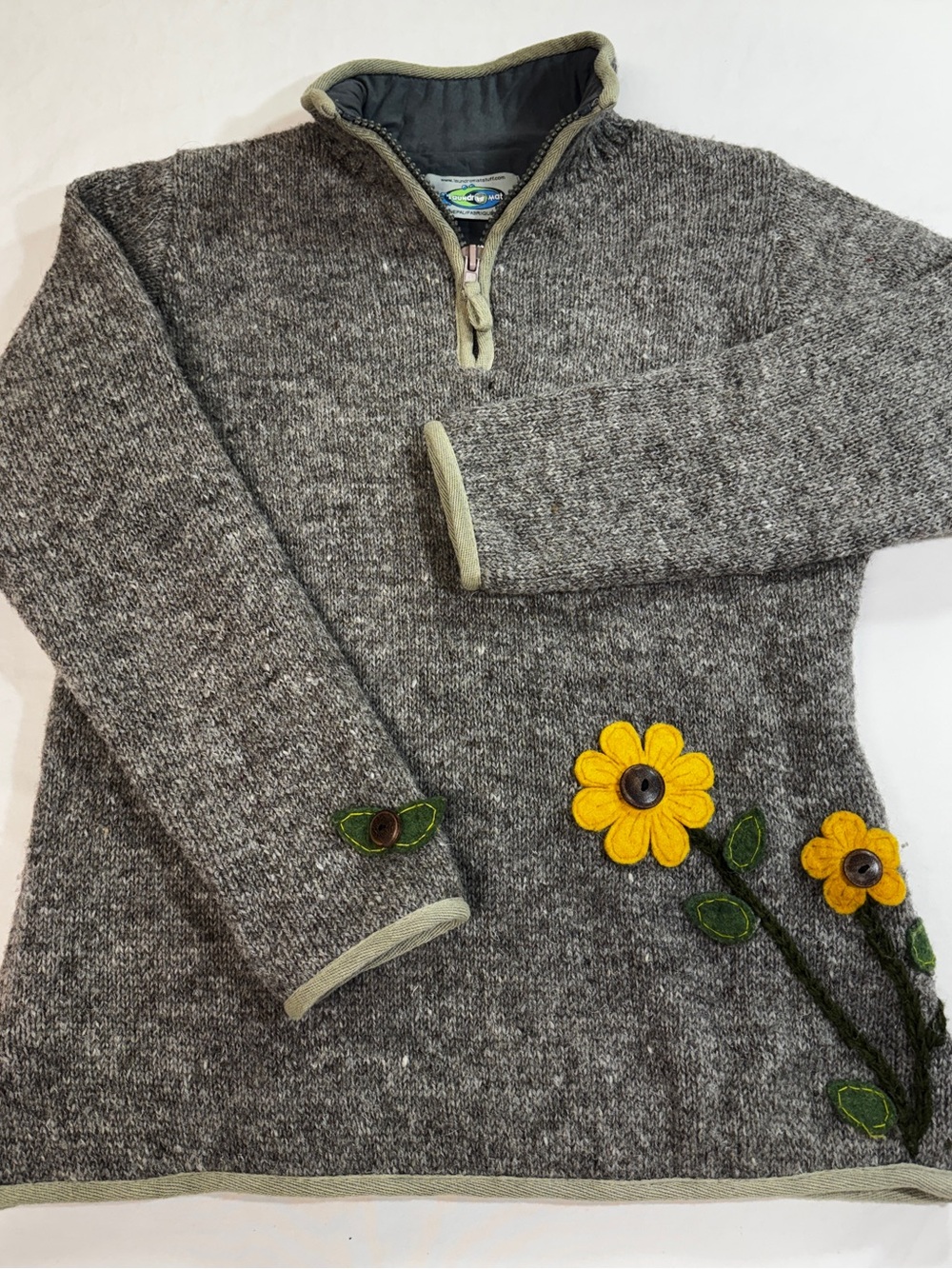 LaundroMat Women's Grey 1/4 Zip Wool Knit Sweater Jacket Size L  Flowers